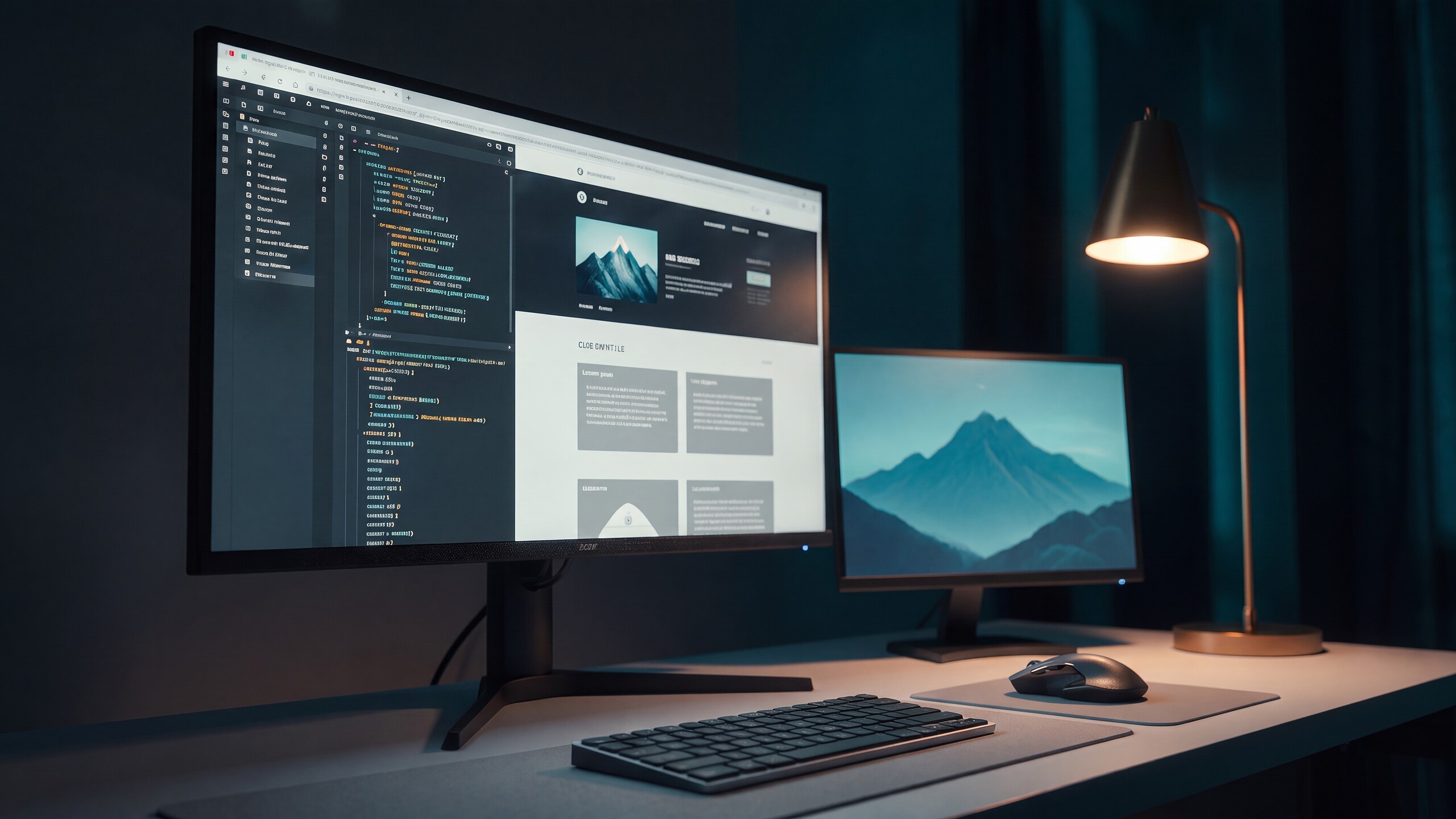 A code editor and a live website open on a designer desktop